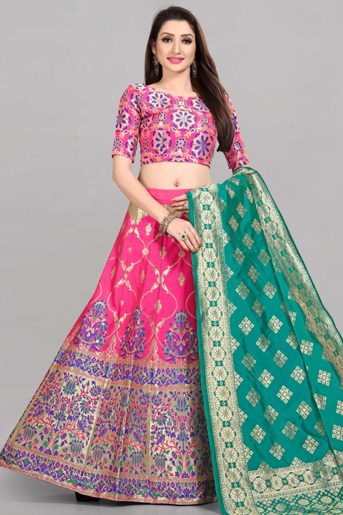 Pink Silk Woven Zari Lehenga