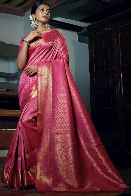 Woven Saree in Silk Pink for Party 