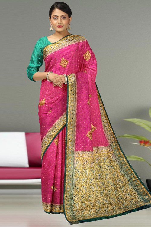 Party Wear Stone Embroidered Pink Saree in Silk