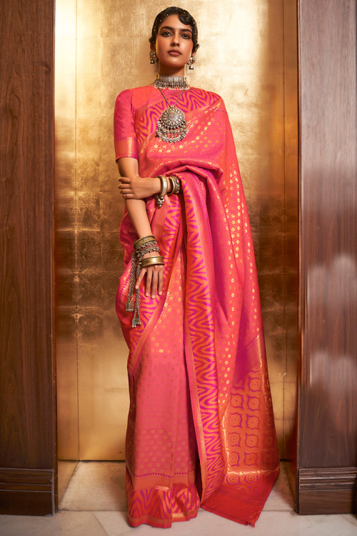 Pink Woven Party Wear Saree in Silk