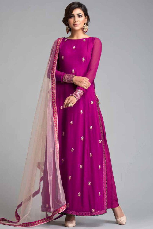 Magenta Color Crepe Trouser Suit With Resham Work