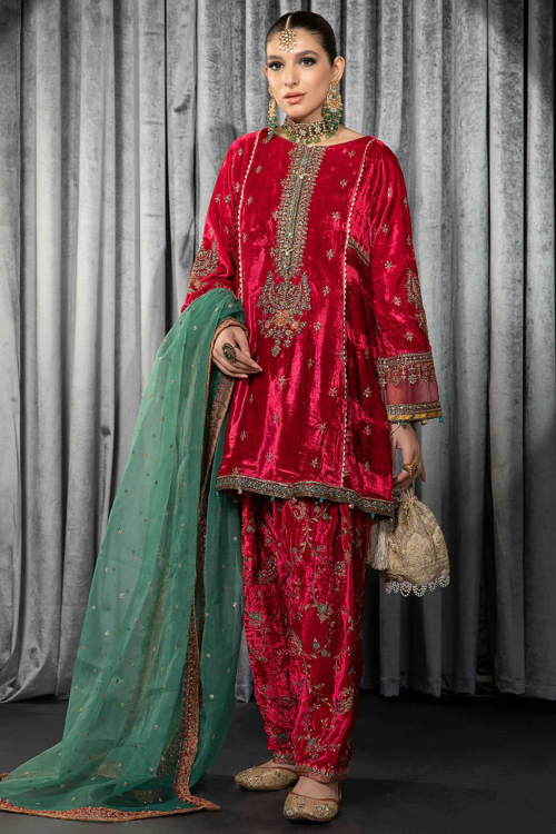 Ruby Pink Velvet Embroidered Salwar Suit for Pakistani Weddings