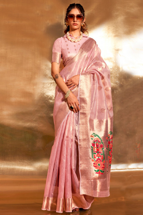 Pink Weaved Paithani Tissue Silk Saree