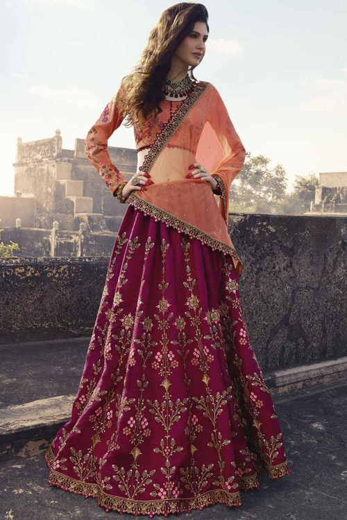 Pink with Red Silk Lehenga with Silk Choli
