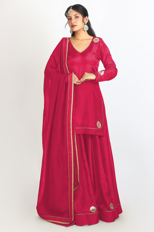 Ruby Pink Soft Silk Embroidered Flared Style Lehenga