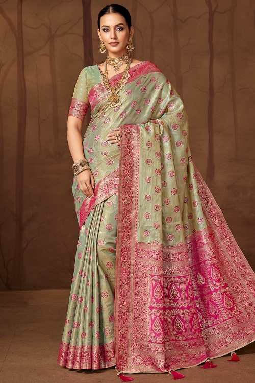 Pistachio Green Art Silk Saree with Weaved Work For Festival