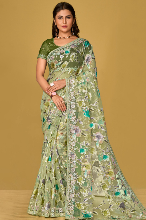 Pistachio Green Brasso Weaved Thread Lightweight Saree 