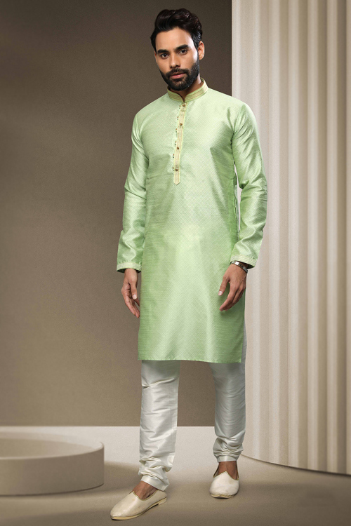 Pistachio Green Brocade Woven Men Kurta Churidar