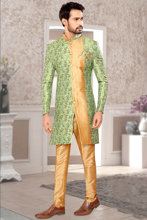 Pistachio Green Straight Cut Brocade Men Sherwani for Sangeet