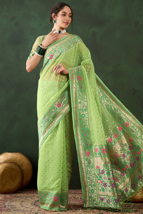 Pistachio Green Chanderi Cotton Weaved Zari Paithani Saree