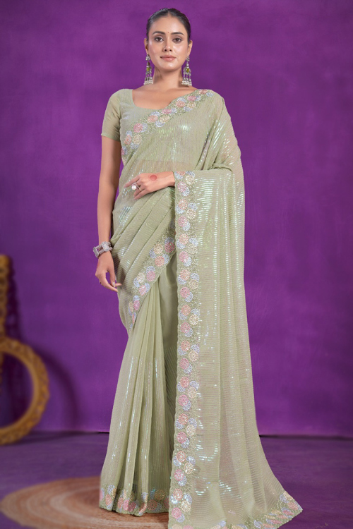 Pistachio Green Chiffon Embroidered Shimmer Saree