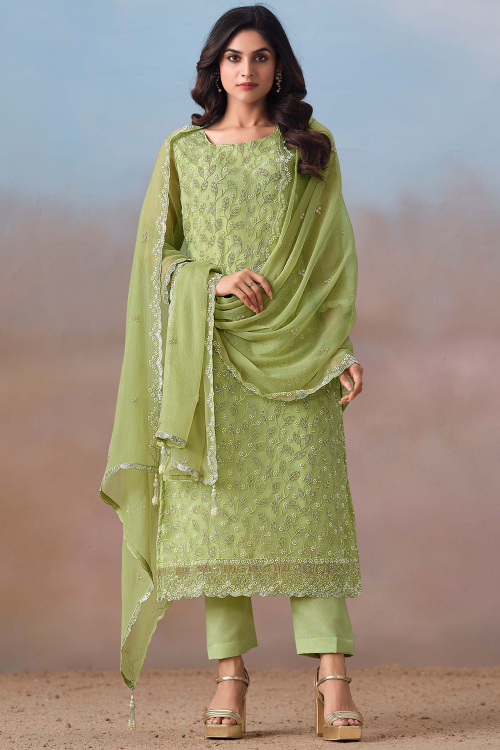 Pistachio Green Chiffon Trouser Suit With Sequins Work
