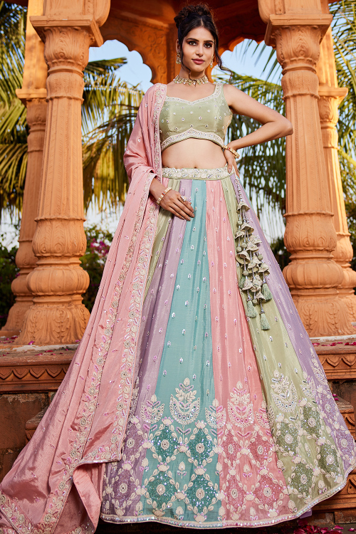 Pistachio Green Chinnon Lehenga with Dori Work for Wedding