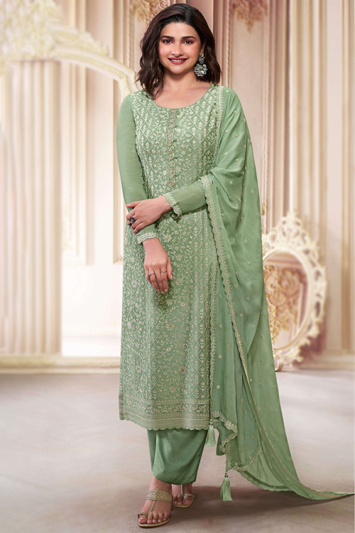 Pistachio Green Chinnon Sequins Embroidered Straight Cut Suit