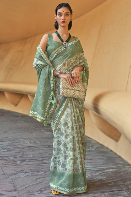 Party Wear Printed Saree in Cotton Pistachio Green