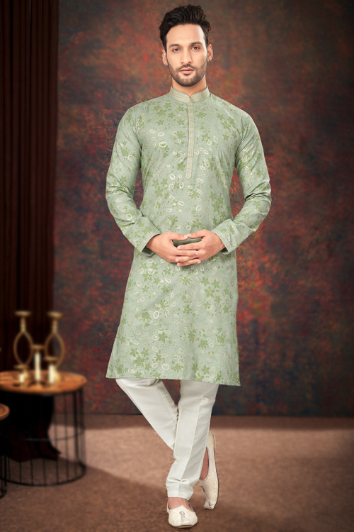 Pistachio Green Cotton Silk Printed Wedding Men's Kurta Pajama for Mehndi