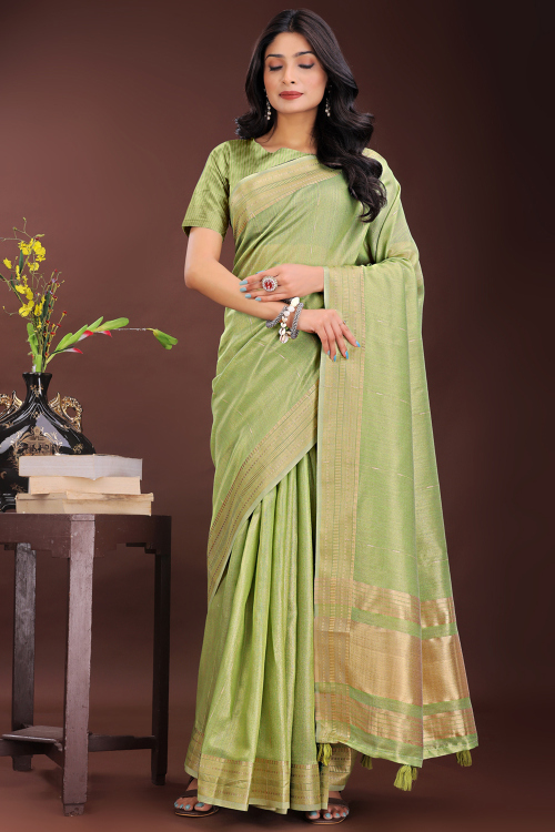 Pistachio Green Cotton Silk Saree with Woven Zari Work for Navratri 