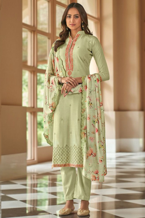 Pistachio Green Cotton Silk Straight Cut Trouser Suit For Eid