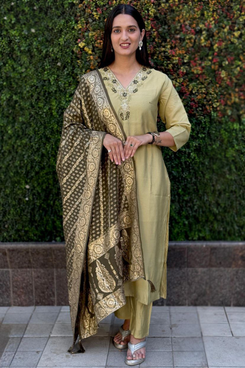 Pistachio Green Cotton Silk Trouser Suit With Sequins Work