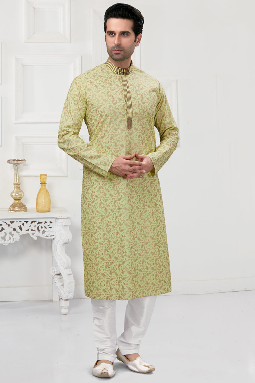 Pistachio Green Cotton Straight Cut Printed Men Kurta Churidar