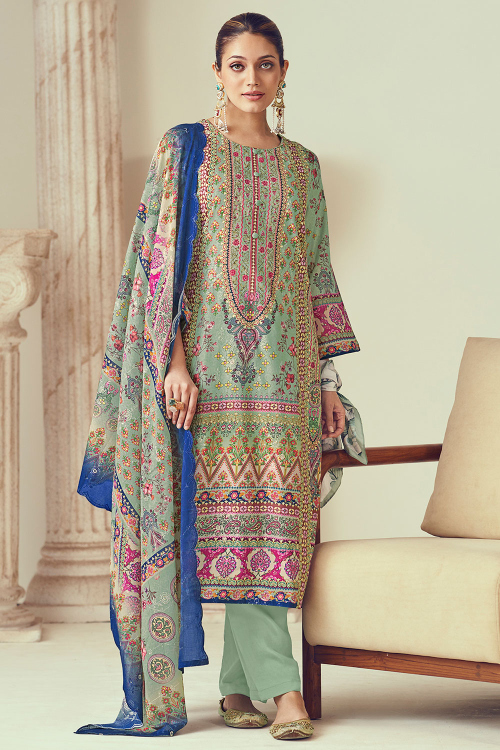Pistachio Green Cotton Trouser Suit With Printed Work For Festival