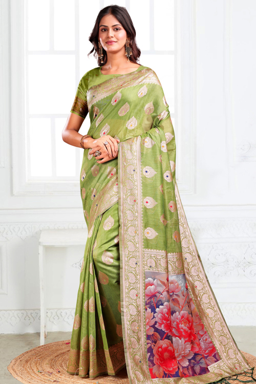 Pistachio Green Cotton Weaved Broad Border Saree