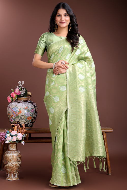 Pistachio Green Cotton Weaved Saree For Festival