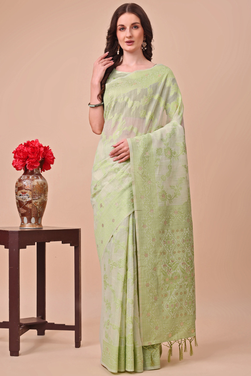 Pistachio Green Cotton Zari Woven Light Weight Saree