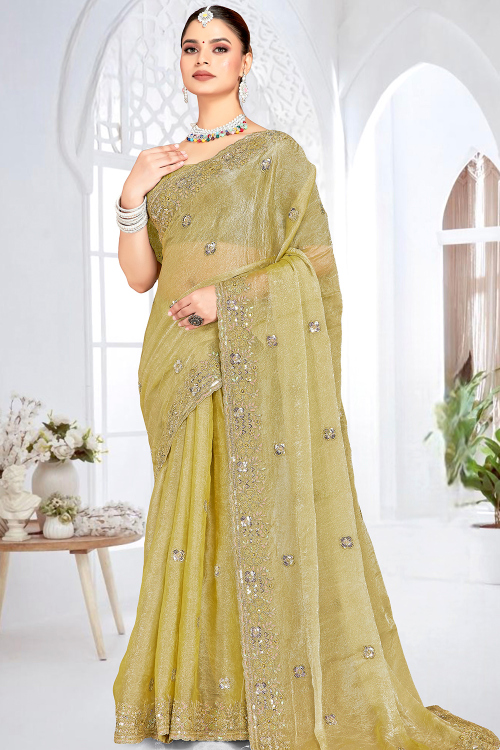 Pistachio Green Crushed Chiffon Saree With Sequins Work