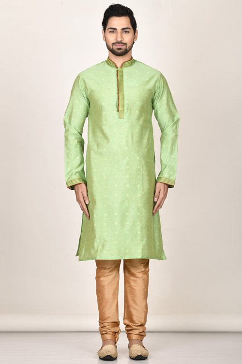 Pistachio Green Dupion Silk Churidar Men Kurta 