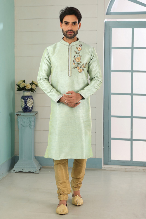 Pistachio Green Dupion Silk Men's Kurta Churidar With Zari Work