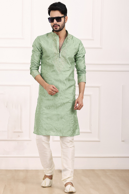 Pistachio Green Embroidered Dupion Silk Side Slit Men's Kurta Pajama 