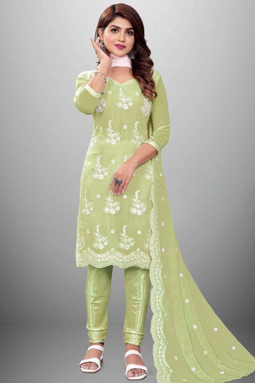 Pistachio Green Embroidered Georgette Casual Wear Churidar Suit