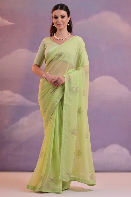 Pistachio Green Embroidered Georgette Light Weight Saree