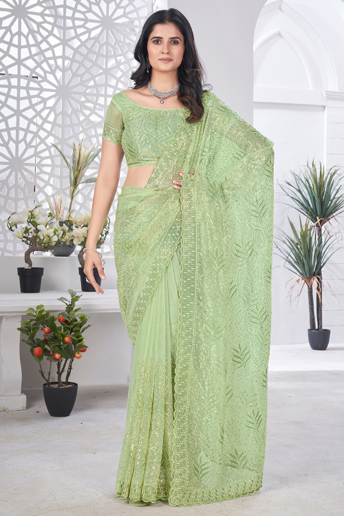 Pistachio Green Embroidered Net Saree For Festival