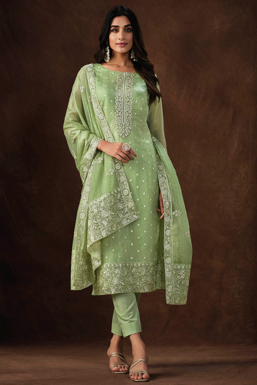 Pistachio Green Embroidered Organza Trouser Suit For Mehndi 