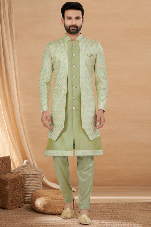 Pistachio Green Embroidered Silk Jacket Style Men's Sherwani 