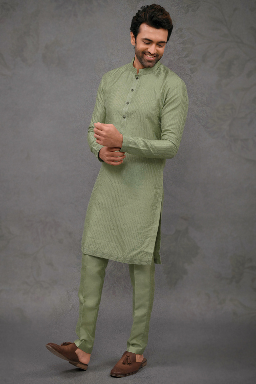 Pistachio Green Embroidered Silk Straight Cut Men's Kurta Pajama