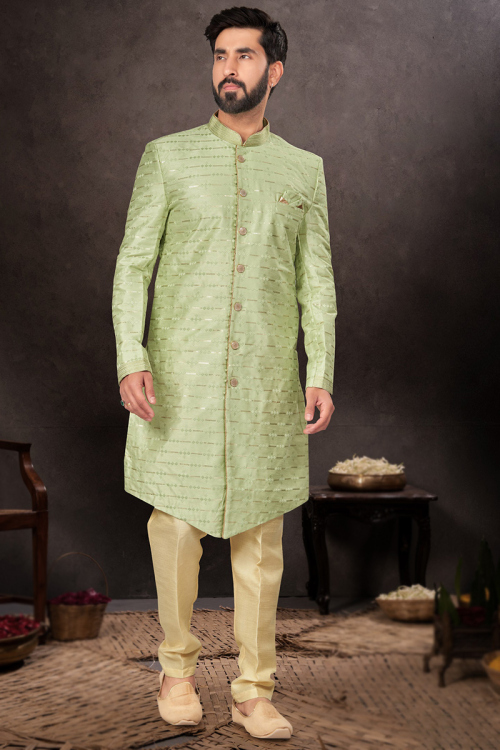 Pistachio Green Embroidered Silk Straight Cut Men's Sherwani