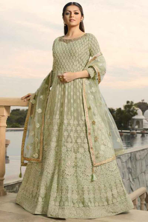 Pistachio Green Georgette Embroidered Anarkali Suit
