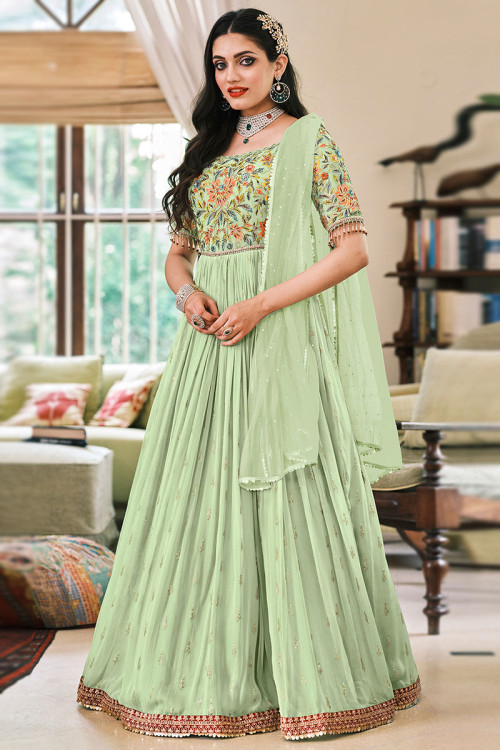 Pistachio Green Georgette Embroidered Anarkali Suit