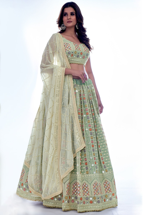 Lace Work Mehndi Lehenga in Pistachio Green Georgette