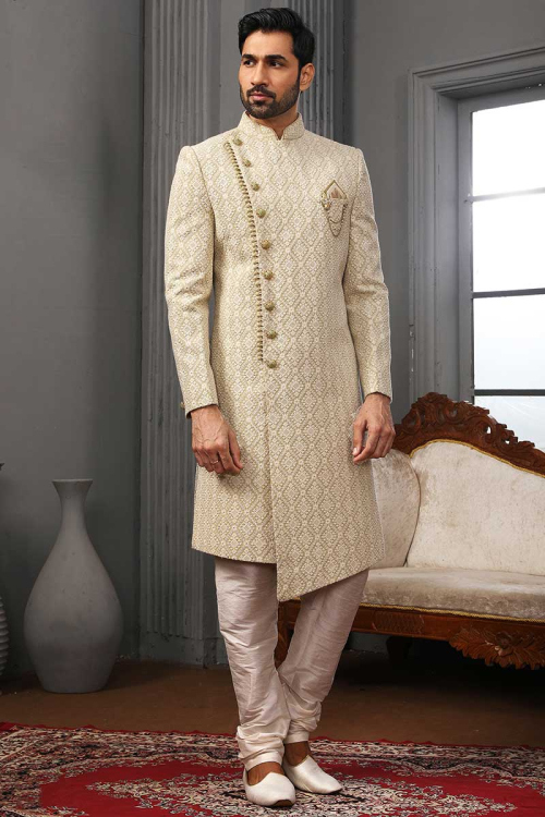 Pistachio Green Georgette Embroidered Men Sherwani