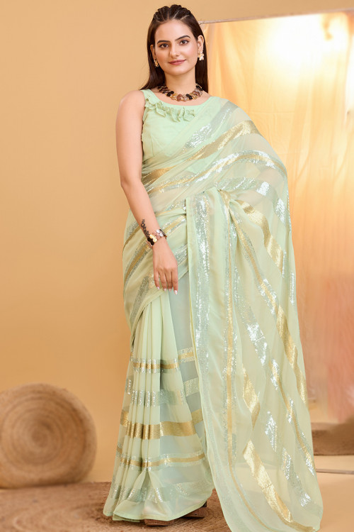 Pistachio Green Georgette Embroidered Party Wear Saree 