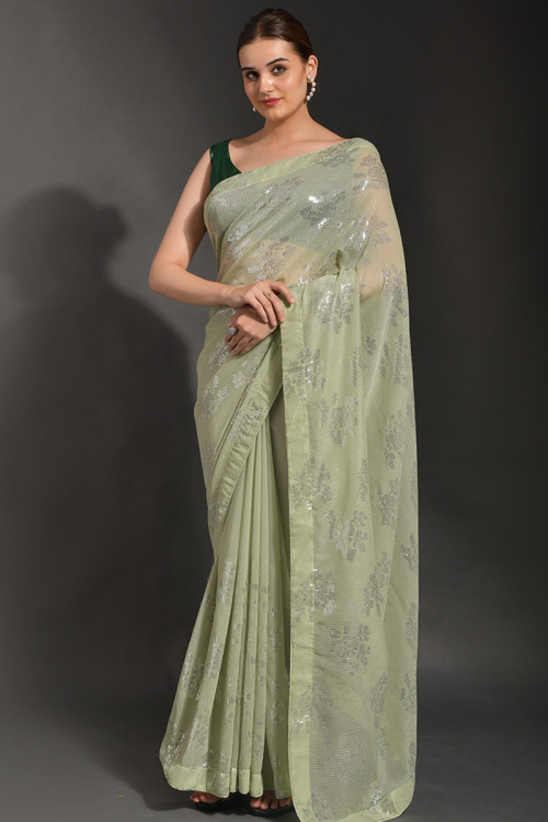 Georgette Pistachio Green Thread Embroidered Saree for Party 