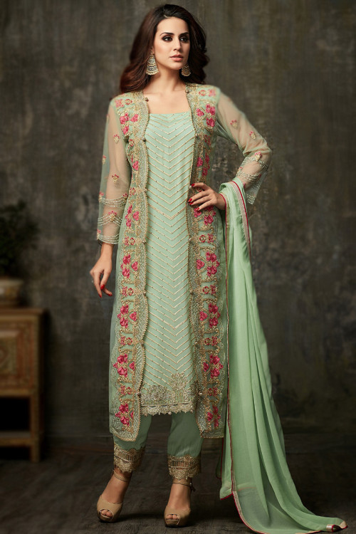 Buy Jacket Style Full Sleeve Zari Work Straight Trouser Suits Online for Women in UK