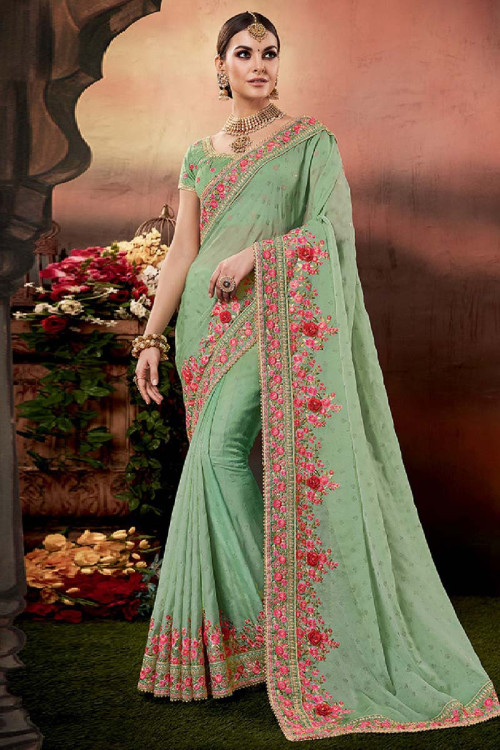 Buy Pistachio Green Georgette Saree With Raw Silk Blouse Online ...