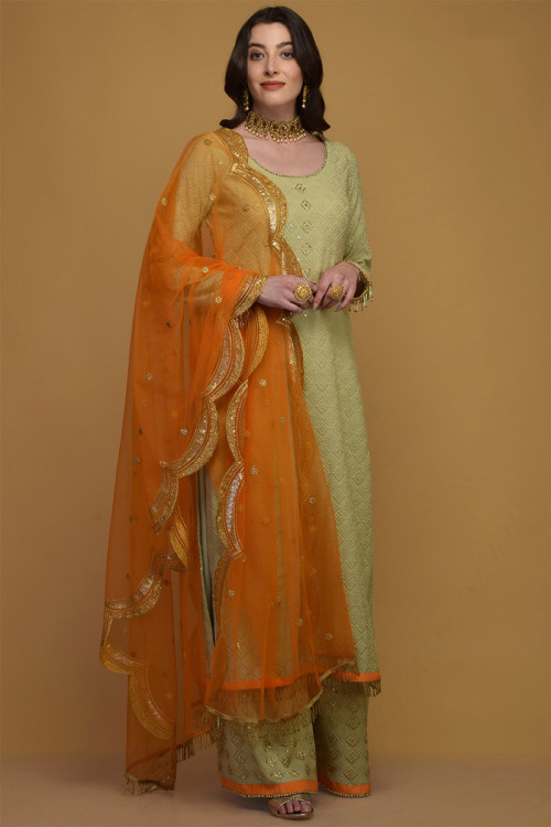 Pistachio Green Georgette Thread Embroidered Trouser Suit for Eid