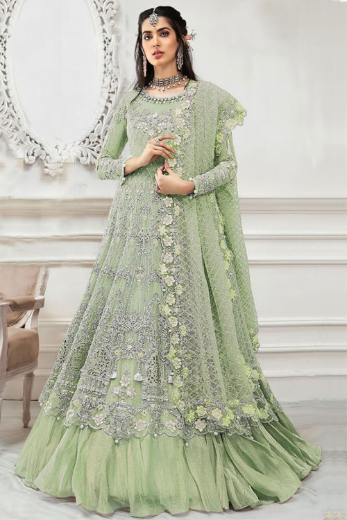 Pear Green Heavy Embroidered Net Anarkali Suit
