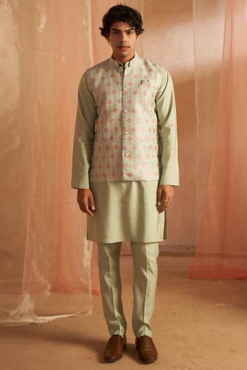 Pistachio Green Jacket Style Viscose Men's Plain Kurta Pajama 